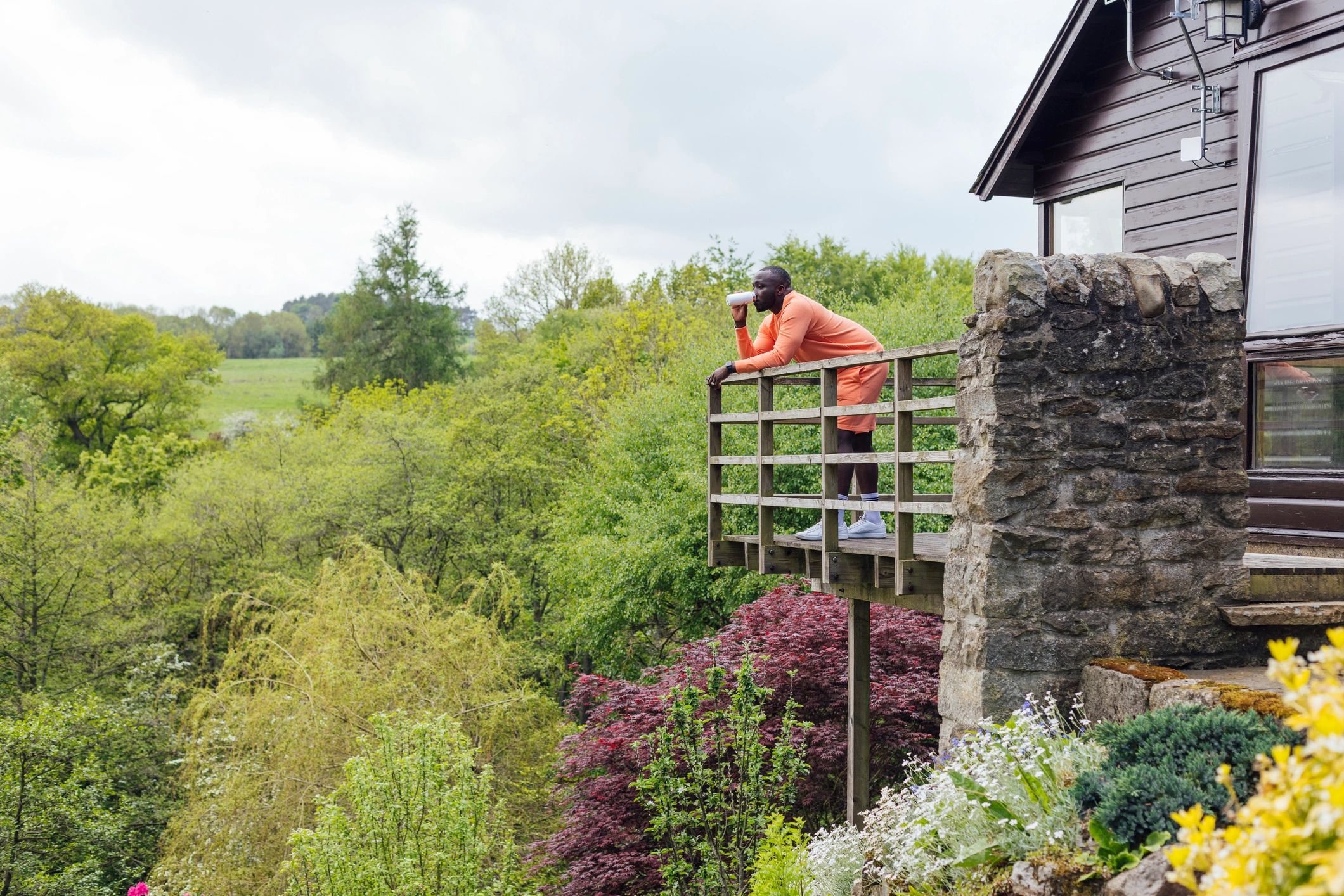 Person looking out over a peaceful woodland view