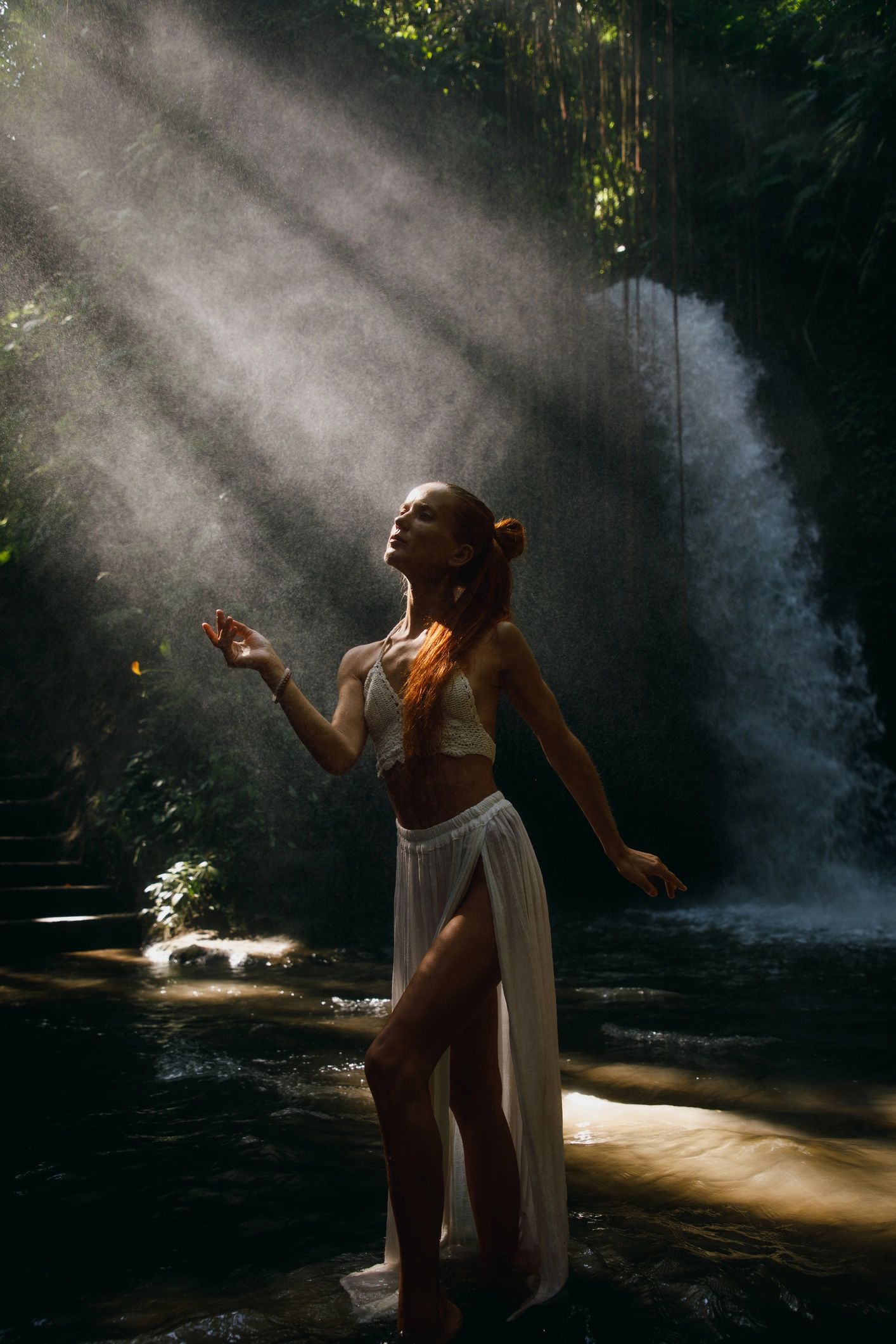 Person moving peacefully in a sunlit forest