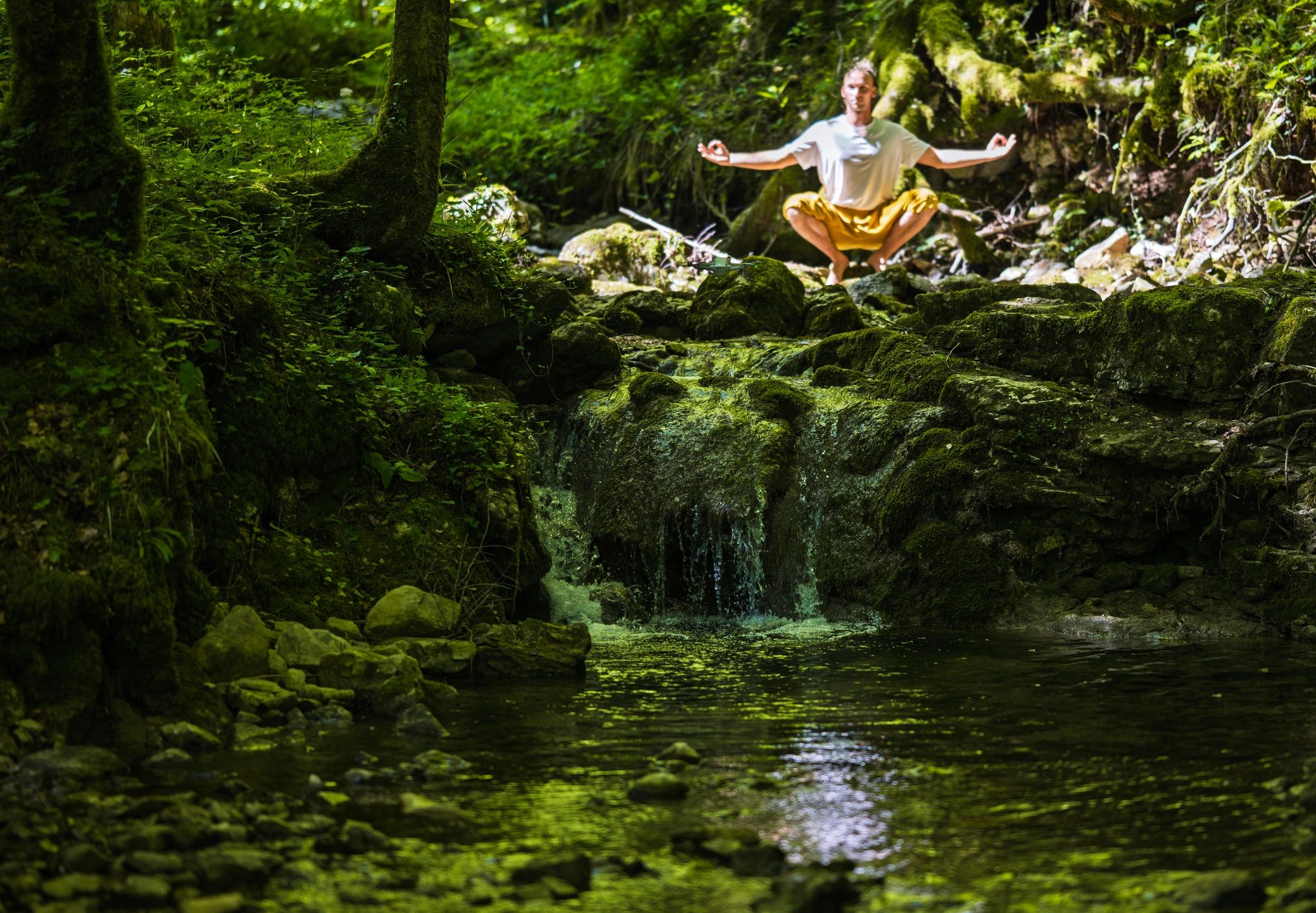 Person meditating beside a forest stream